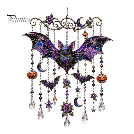 Whimsical Bat And Black Cat Decor Halloween Acrylic Wind Chime Pendant, Crystal Suncatcher Hanging Ornaments, Decorative Chimes Outdoor Window
