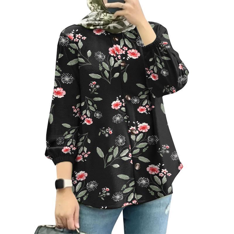 

Женская мусульманская рубашка с цветочным принтом и рукавами-буфами 2025 - Мода Ближнего Востока L чёрный