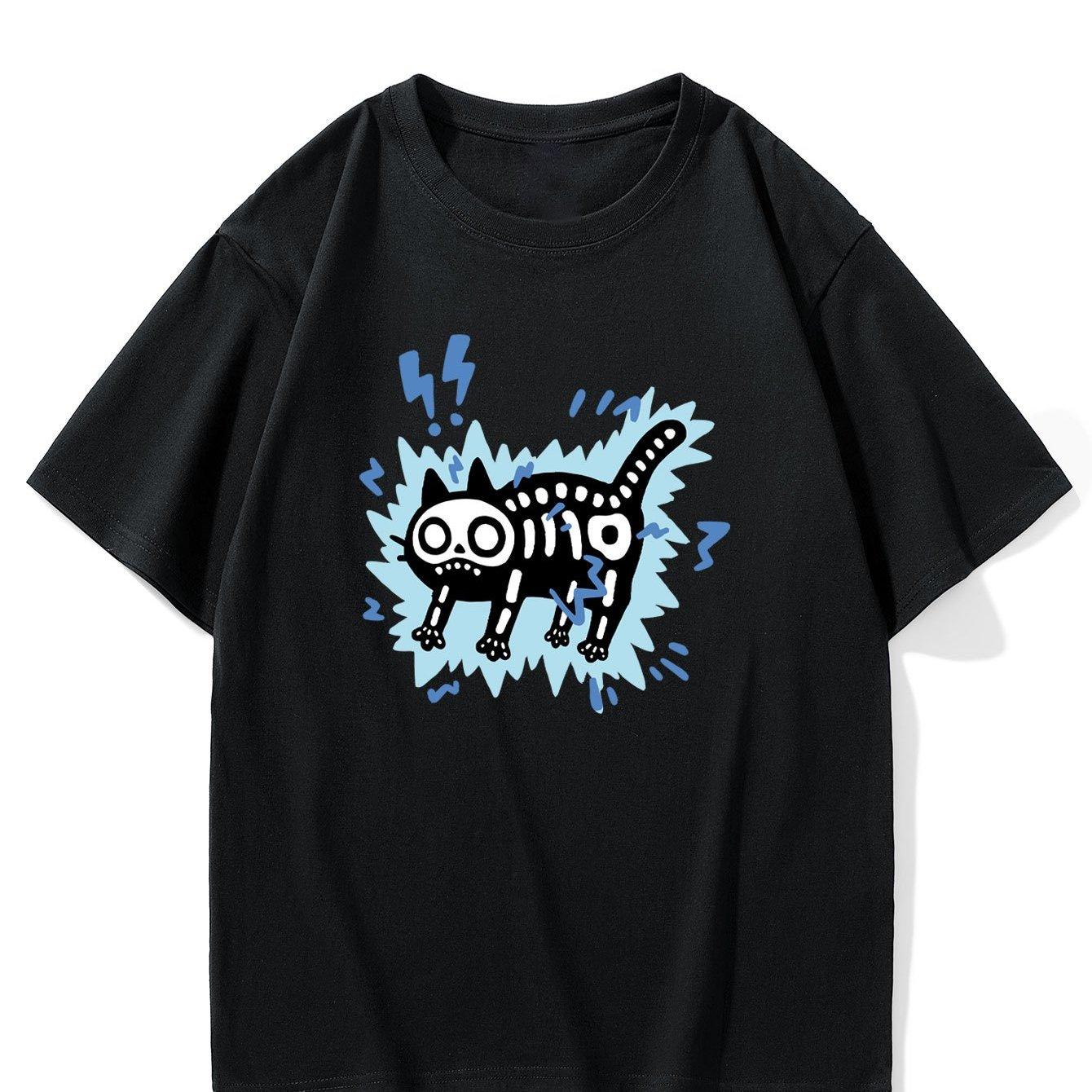Skeleton Cat with Lightning Graphic TShirt Unisex Women Black Cotton Casual Streetwear Tee S