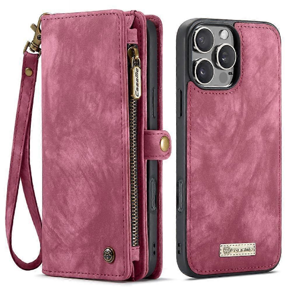 Flip Case for iPhone 16 Pro Max Leather Wallet Case 2 In 1 Detachable Multi Card Holder With Zipper Pocket Cash Slot and Hand Strap