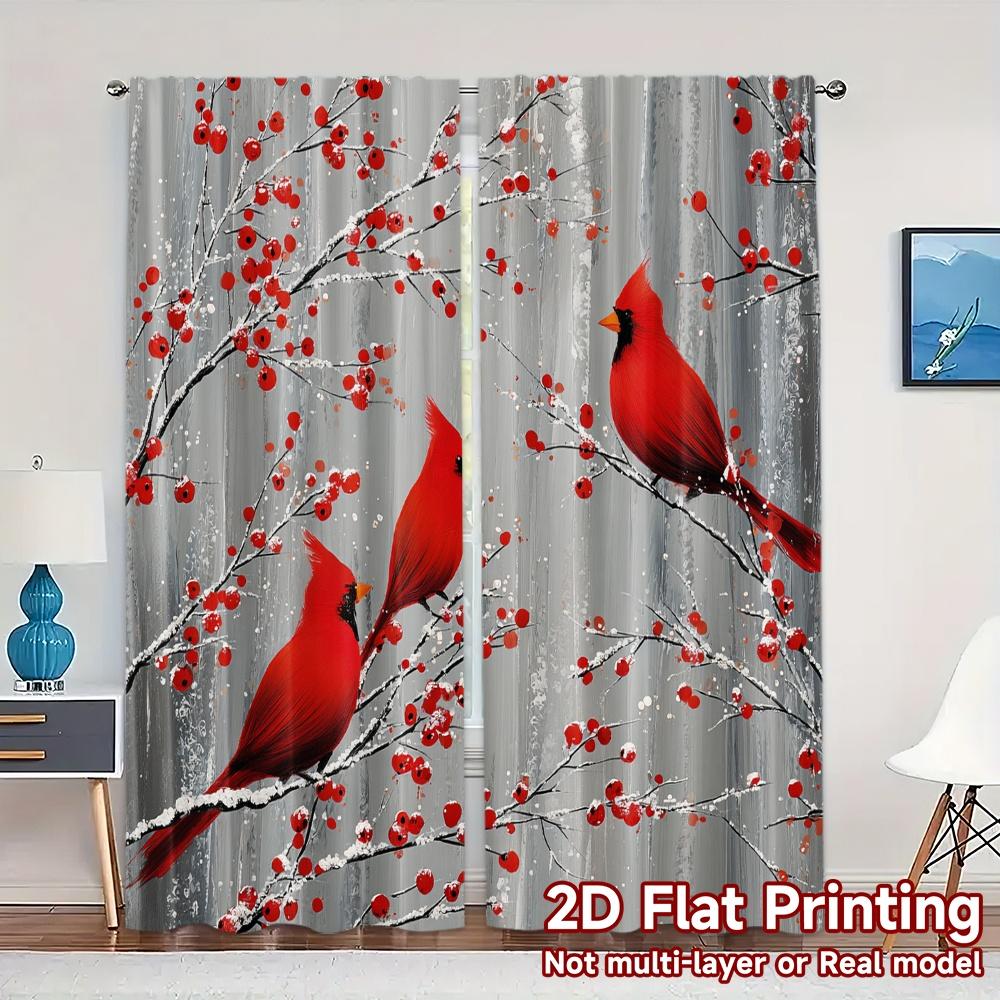 

Set Of 2 Modern Flat Printing Jit Curtains Without Rod Crimson Cardinals Digital Printed Prints Curtain Light Filtering Polyester W100*H70(CM)-Hooks&1PCS