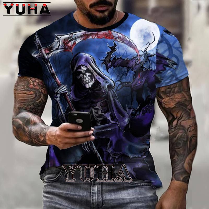 Skull Reaper Pattern T-shirt 3D Men's Street Printing Horror Series T-shirt Summer Fashion Fun Men's Plus Size T-shirt
