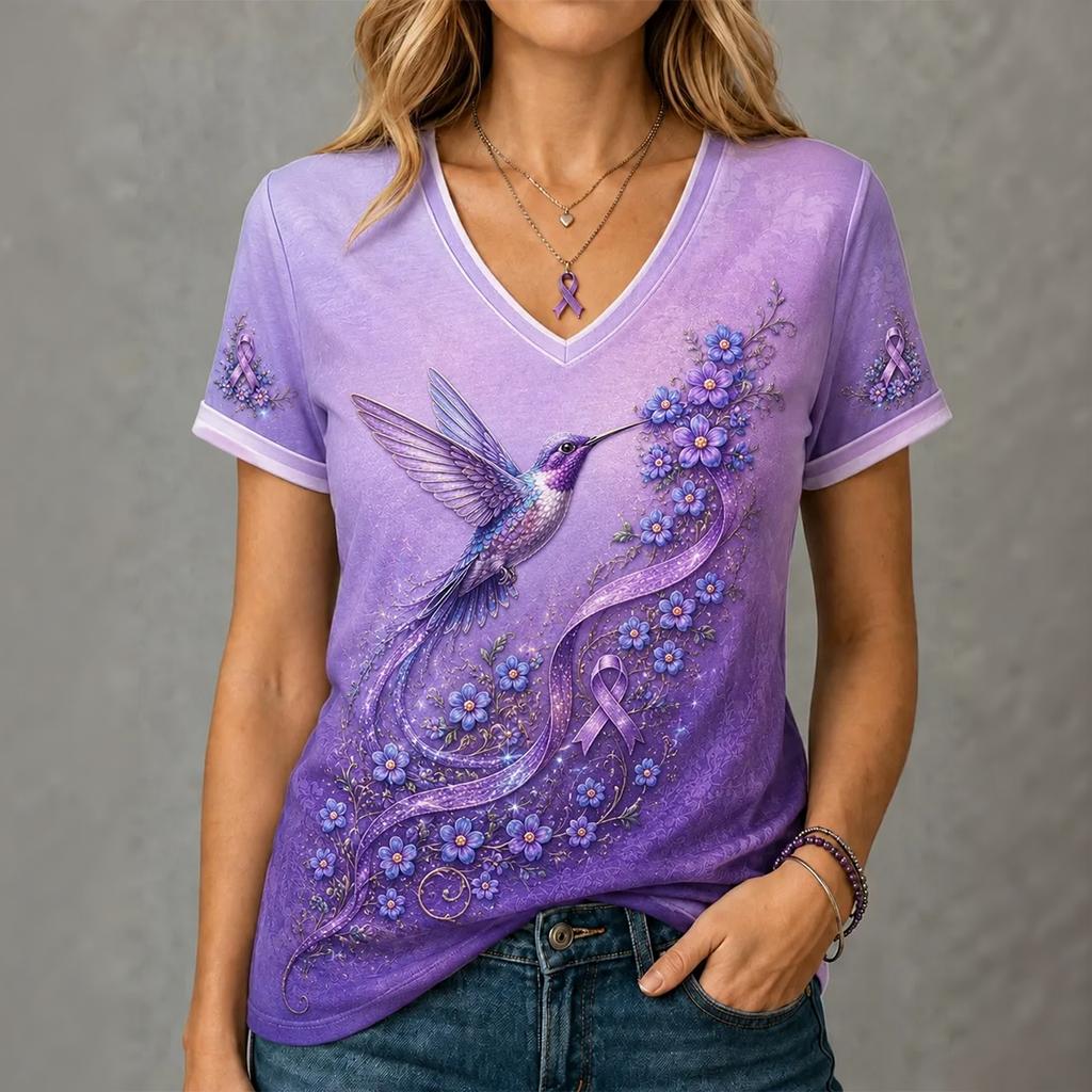 Women's 3D Print V-Neck Short Sleeve T-Shirt Loose Fit Casual Top
