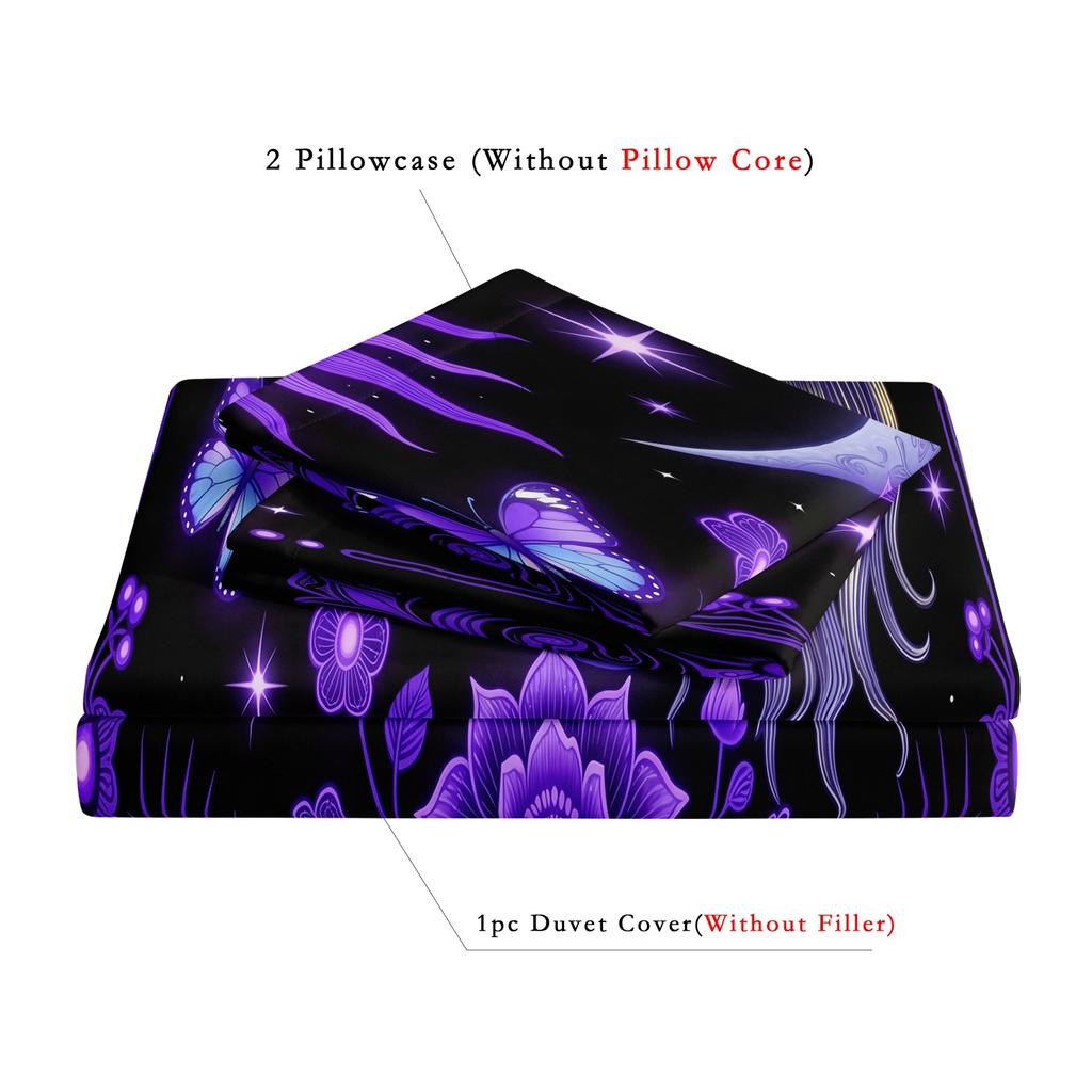 3 Pieces Purple Celestial Sun Moon Goddess Duvet Cover Set, Star Butterfly Floral Printed Bedding, Multiple Sizes Available