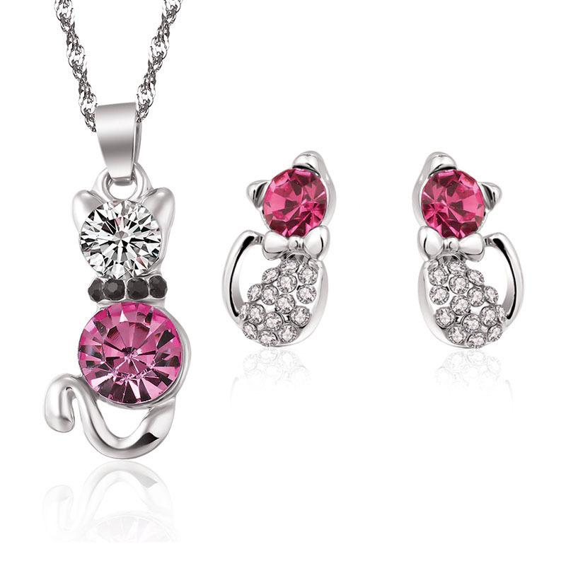 Good Cat Crystal Stud Earrings Necklace Set