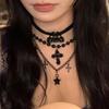 Y2K Gothic Style Black Beaded Cross Necklace & Cool Girl Sweatshirt Accessory