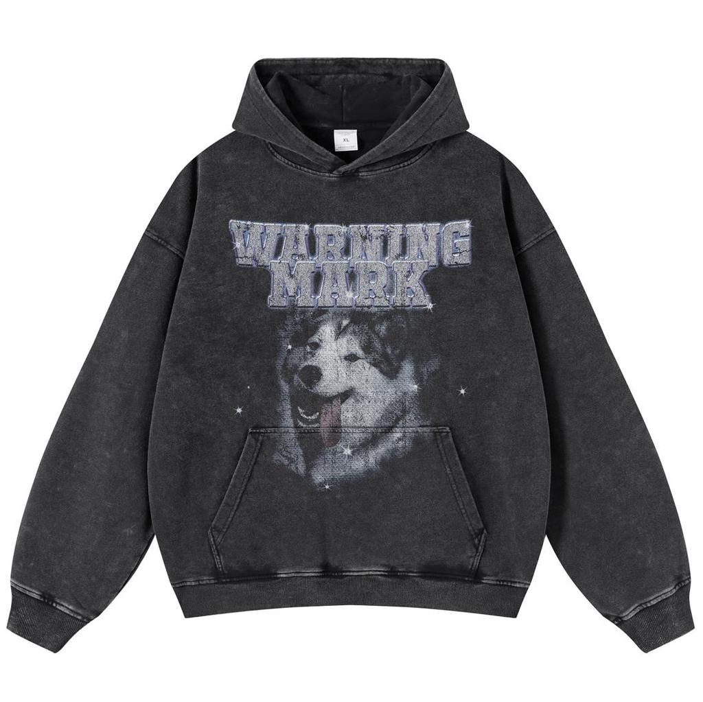 Streetwear Hutches Dog Graphic Washed Black Oversized Unisex Y2K Hoodie