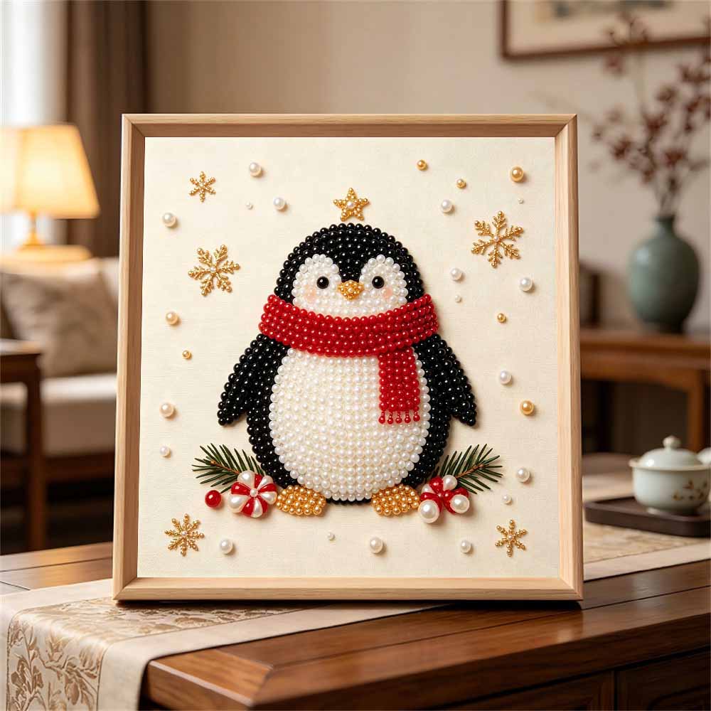 Premium Framed Pearl Art Kit with Cute Penguin and Snowflake 5D Sparkling Bead Canvas DIY Relaxing Craft for Home Wall Decor Gift