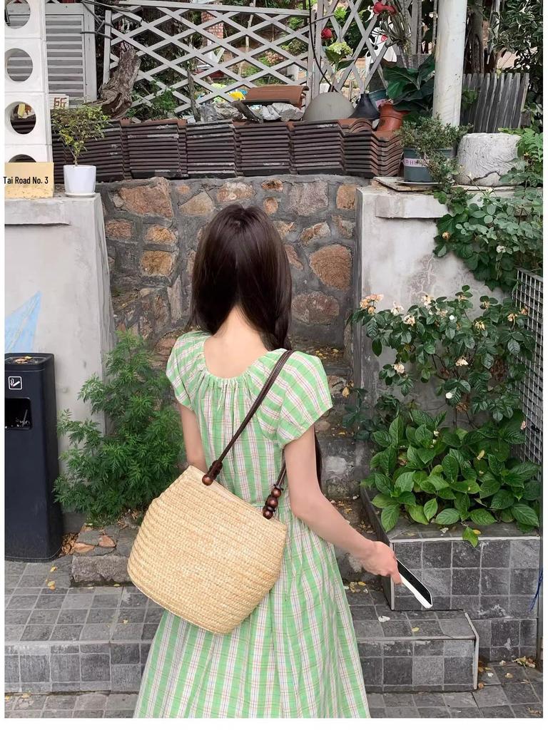 Women's Summer Green Plaid Dress with Bubble Sleeves - Loose Fit Cotton Linen for Beach Vacations