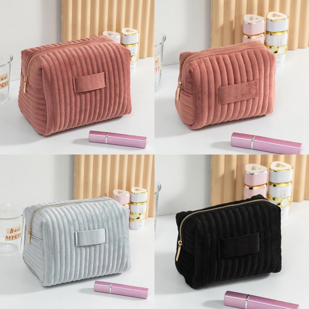 Velvet Makeup Bag With Striped Quilted Design For Women Portable Organizer