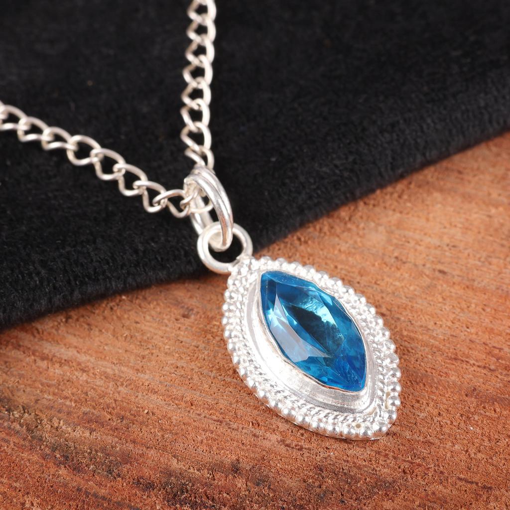 Schweizer Blautopas Anhänger Edelstein, 925 Massiv Sterlingsilber Anhänger Schmuck, Handgefertigter Anhänger, Silberschmuck zum Verschenken