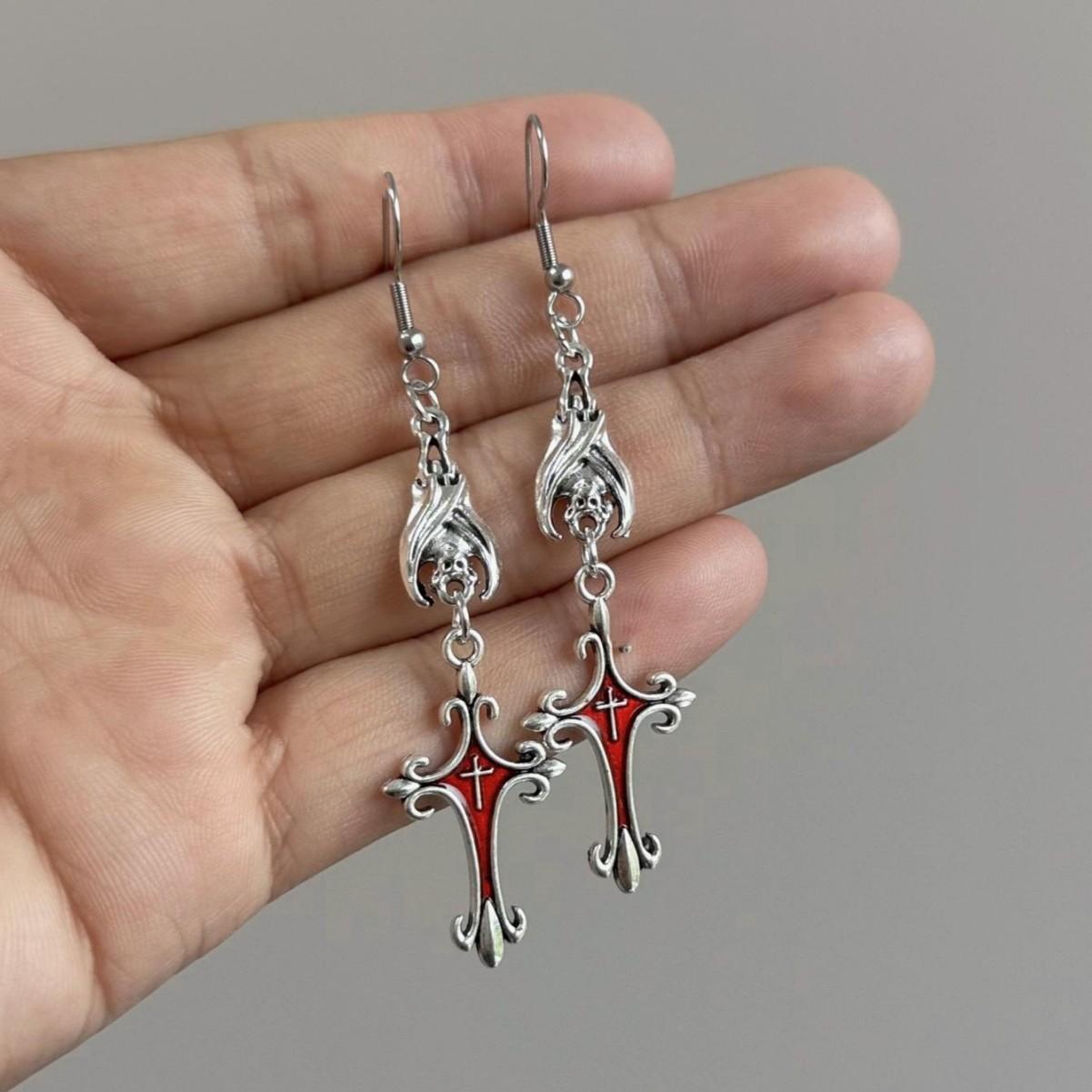 

Trendy Gothic Sliver Color Vampire Bat Red Drip Glazed Cross Dangle Earrings for Women Halloween Party Stainless Steel Jewelry красный