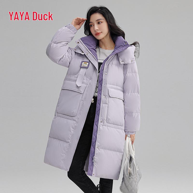 Yaya Women's 2026 Long Hooded Duck Down Jacket - Thick, Warm, Korean Style Fashion Outerwear.