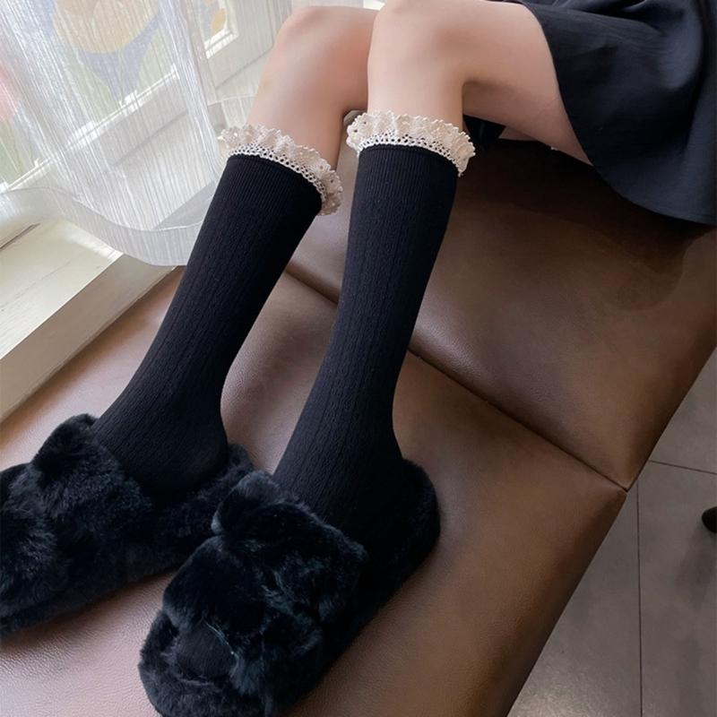 Women Winter Fall Vertical Striped Ribbed Knit Long Socks Japanese JK Sweet Frilly Ruffle Lace Trim Knee High Stockings