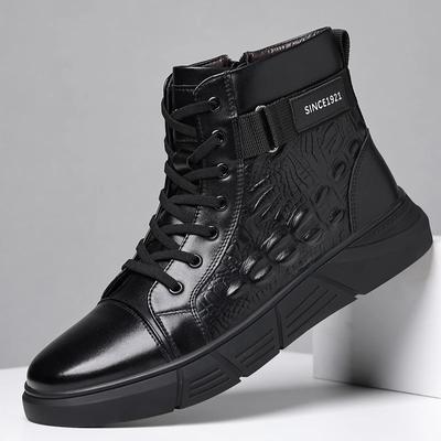 Men Fashion Crocodile Pattern Flat Designer Boots Outdoor Casual Leather Ankle Boot Lace-Up Walking Shoe 2024Winter Driving Boot