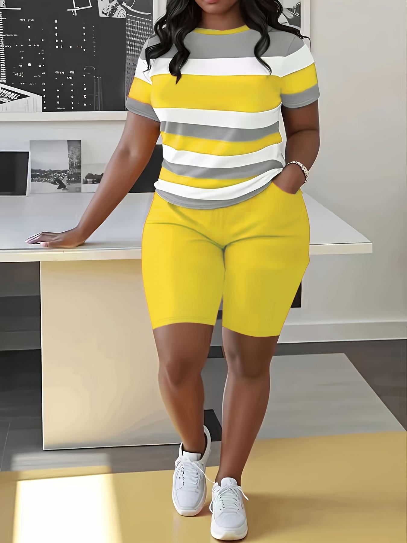 

Модный женский комплект из двух предметов с 3D-принтом размера плюс, полосатый топ с короткими рукавами и шорты с высокой талией, повседневный наряд 6XL