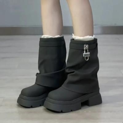 Mode Printemps et Automne Chaussures pour Femmes 2024 Nouvelles Couleur Unie Bout Rond Mi-mollet Mode Féminine Talon Haut Manchon Bottes Mode Féminine