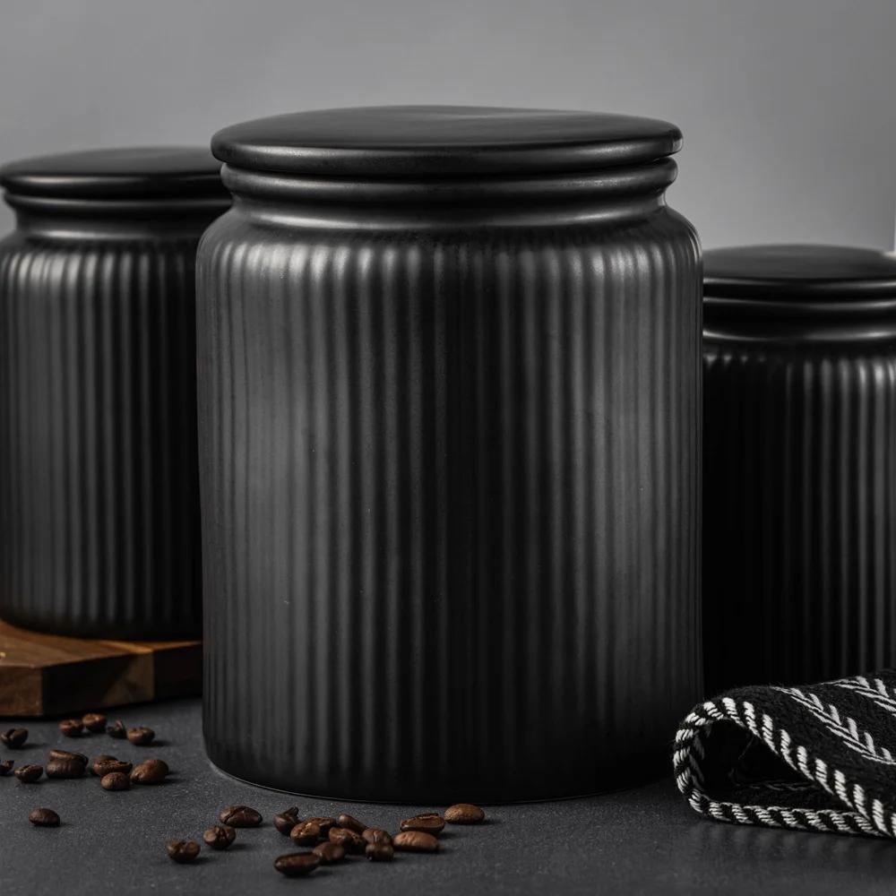 Large Ceramic Kitchen Storage Jar Airtight Ribbed Food Storage Container Coffee Tea Sugar Snacks Countertop Organization