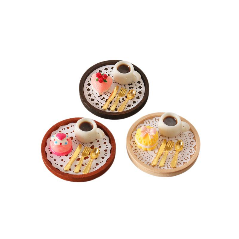 Miniature Dollhouse Snack Set: Cake, Coffee, Knife, Fork, Tray, and Small Realistic Treats for ob11 Dolls