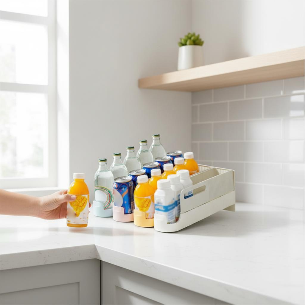 Gravity-Feed Can Organizer For Refrigerator Space-Saving Dual-Layer Dispenser Rack Holds 5 Cans Clear PET Beverage Storage