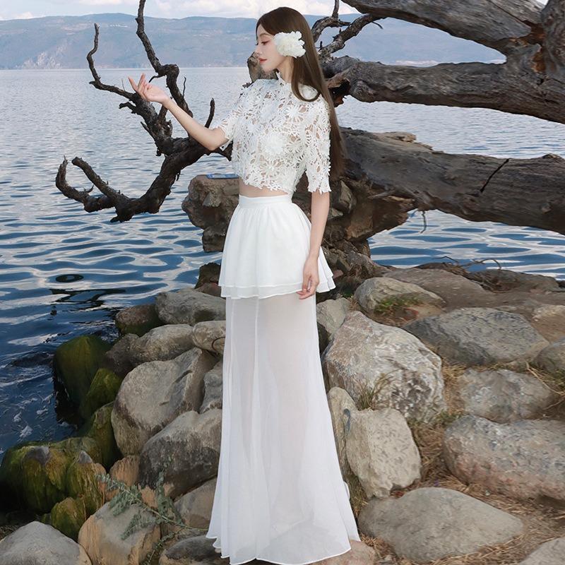 Thai Holiday Wear Black Flower Hollow Lace Short Top Streamer Fishtail Half-body Gauze Skirt Set