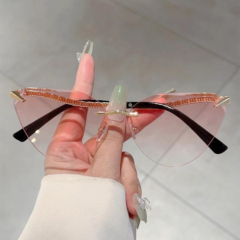 Rimless Cat Eye Sunglasses Women  New Stylish Vintage Gradient Casual Shades Trendy Luxury Brand Design Sun Glasses