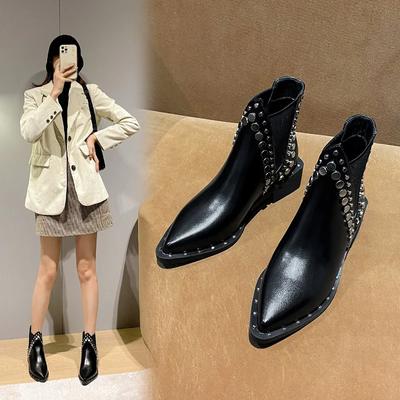 Bottes à talons bas et épais en cuir véritable pour femme, bottines pointues, sexy, style gothique, Martin, 2024