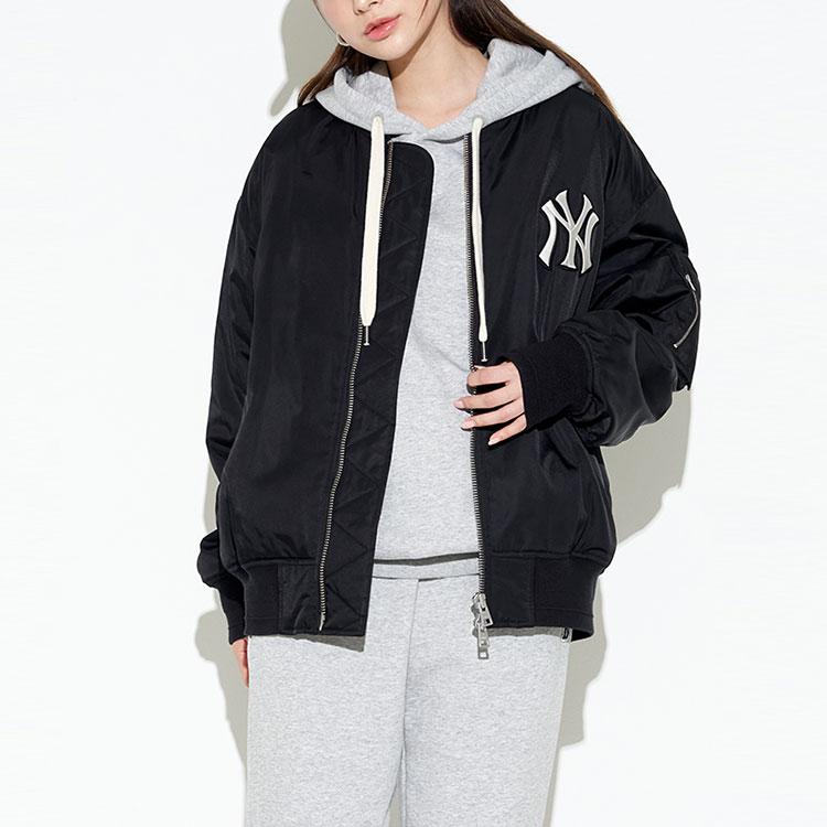 MLB New York Yankees FW22 Solid Color Logo Print Ribbed Collar Zip Jacket Unisex jackets Black 3AJPB0124-50BKS