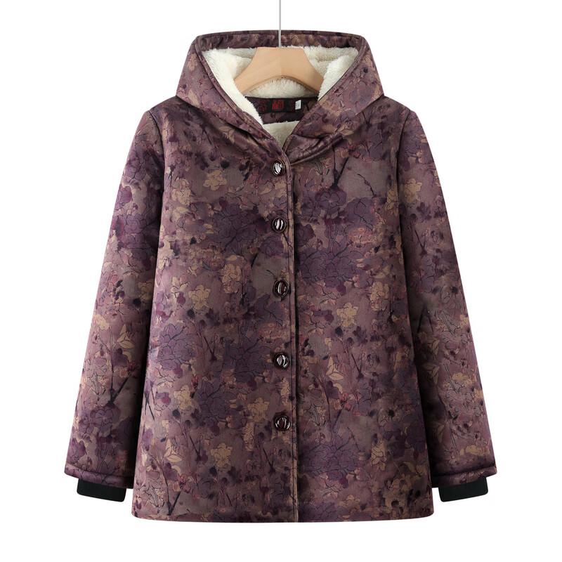Elderly Women's Plush Lined Hooded Winter Coat