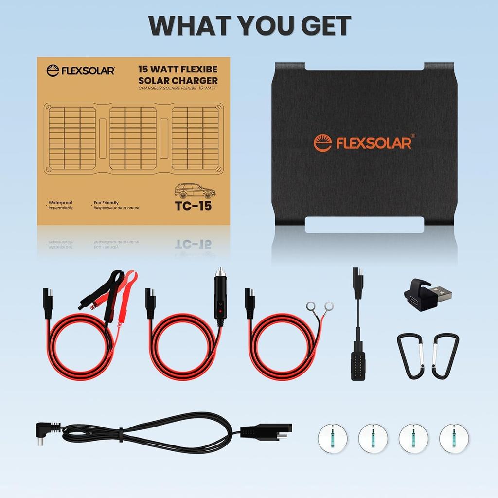 FlexSolar 15W Car Solar Battery Charger Mini Charging Kit Solar Panel Charger Car Foldable Ultralight USB DC SAE Car Battery Charging for Automobiles,