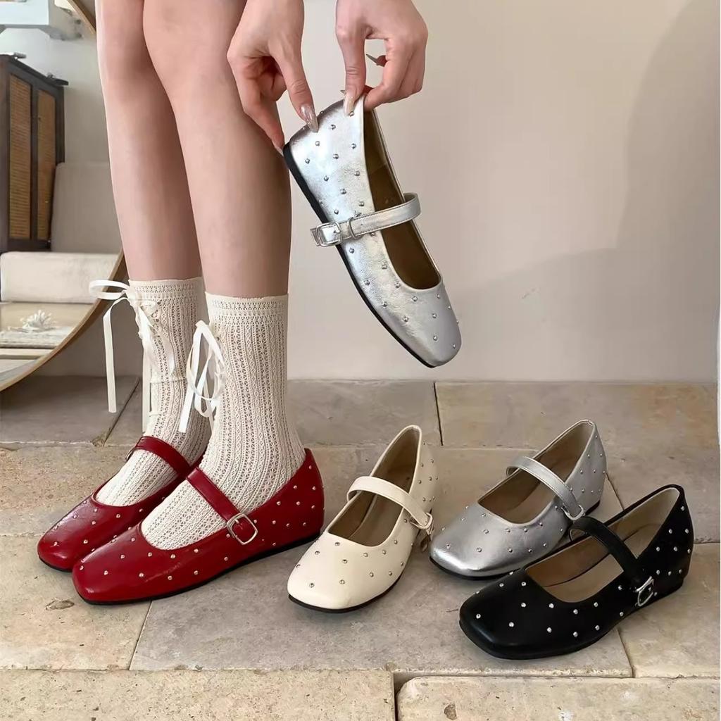 "Spring Cherry" Vintage Gypsy Star Riveted Ballet Single Shoes Women's Spring and Autumn Height Increase Shallow Mouth Mary Jane Shoes