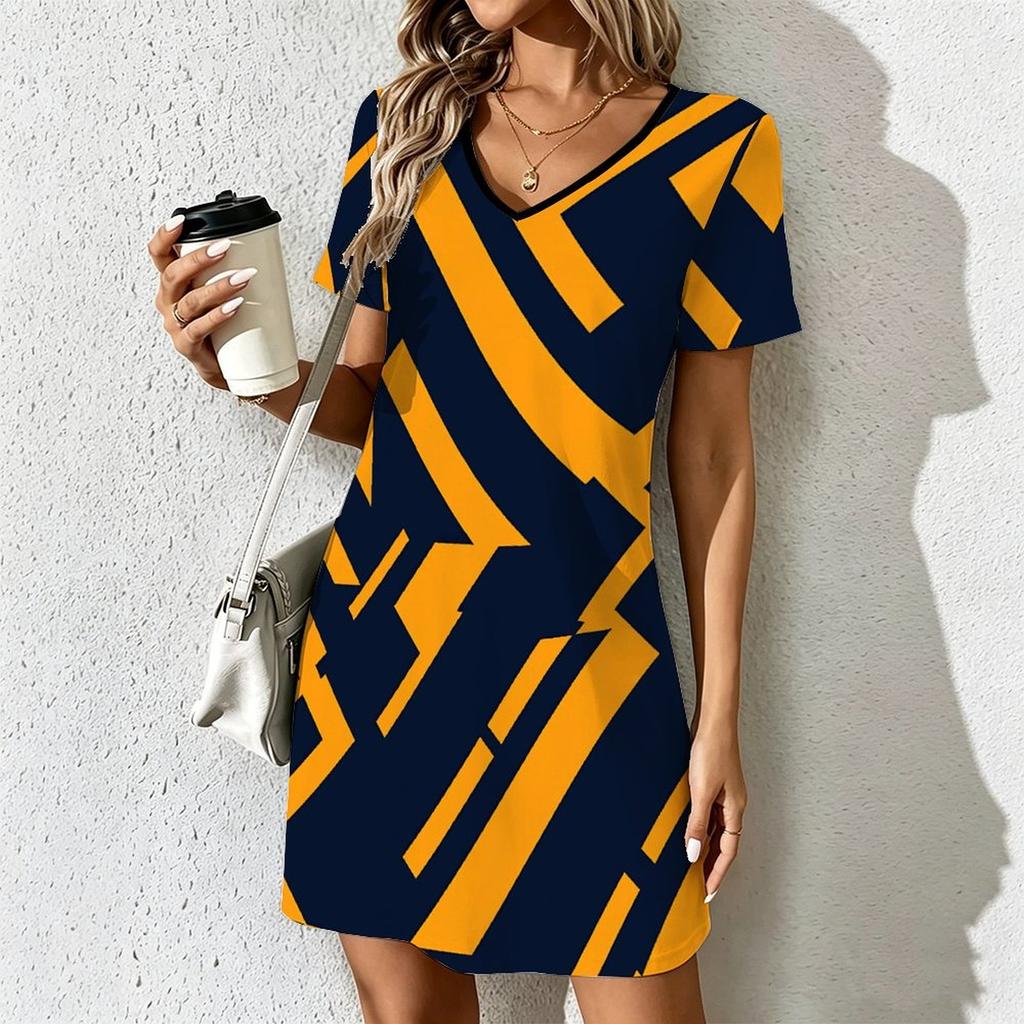 Summer Fashion Women's V Neck Short Sleeve Retro Geometric Pattern Printed Dress Sex Short Skirt Dresses