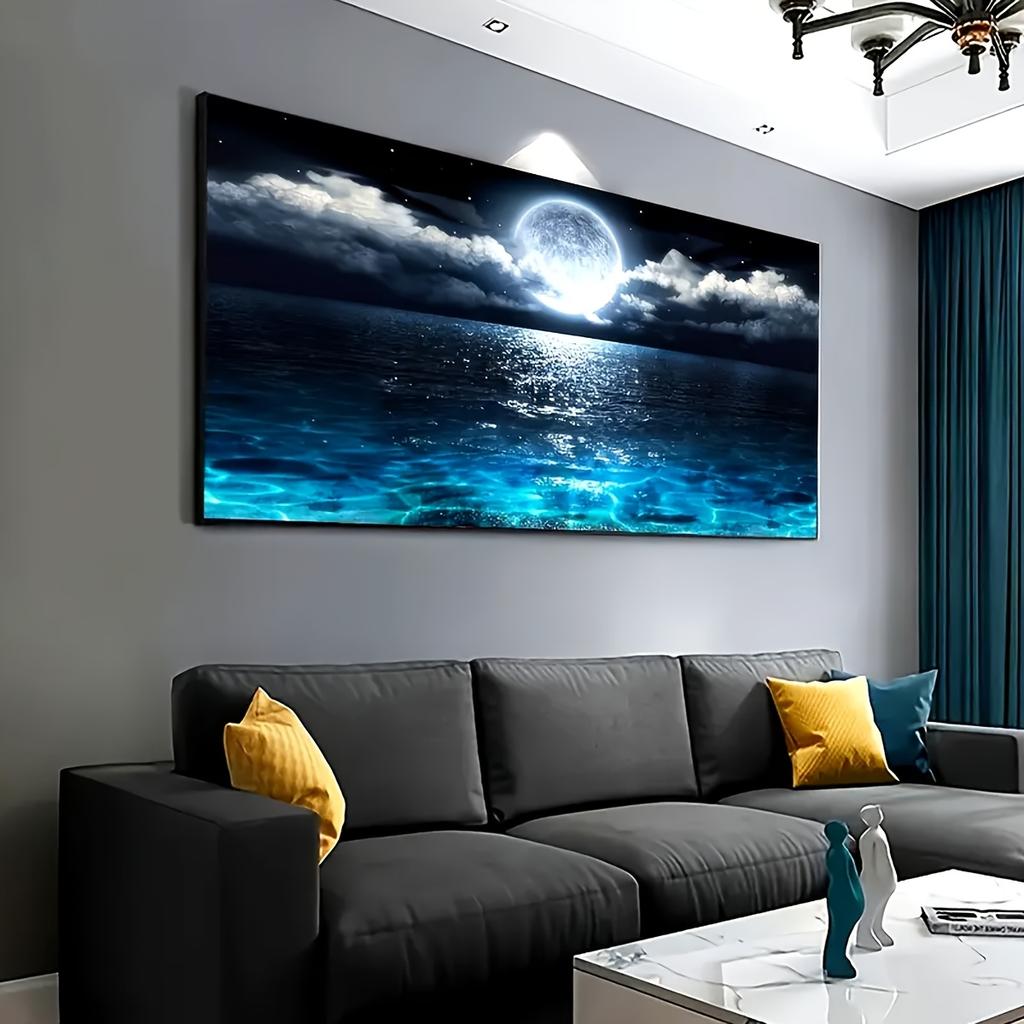 Ein rahmenloses Mondlicht-Ozean-Leinwand-Wandbild, Großer abstrakter Mondlicht-Reflexionsdruck, Moderne Heimdekoration, Geeignet für