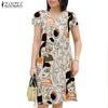 ZANZEA Damen Lässig Rundhals Sommer Kurzarm Print Kleid