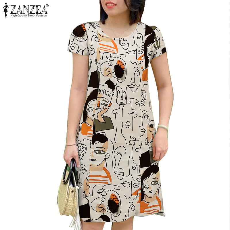 ZANZEA Damen Lässig Rundhals Sommer Kurzarm Print Kleid