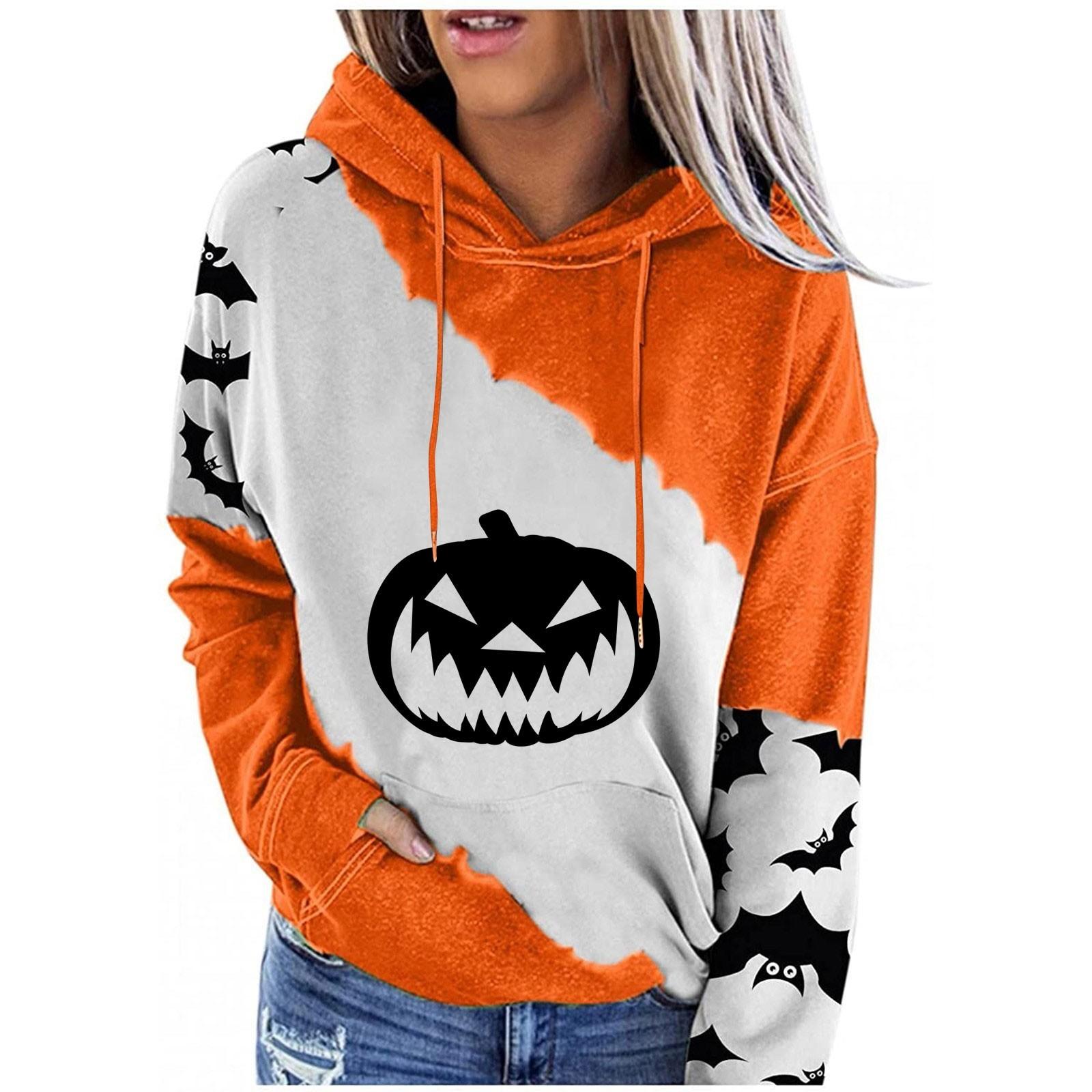 

Женский повседневный модный пуловер с длинным рукавом и принтом Хэллоуина с капюшоном белый