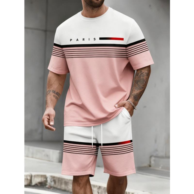 Men s contrasting retro sports suit, round neck T-shirt and shorts combination, inspired by French urban summer style S