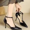 Fashion New Fashionable Lacquer Leather T-shaped Pointed Fine Straw Shoes French High Heels One Button Baotou Sandals
