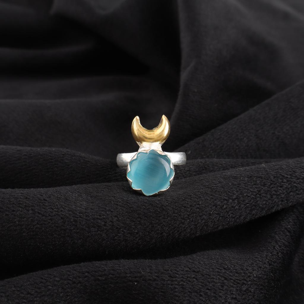 Blauer Katzenaugen-Edelsteinring, 925 Sterlingsilberringschmuck, Handgefertigter Schmuckring, Ausgleichender Schmuck Geschenk für Frauen