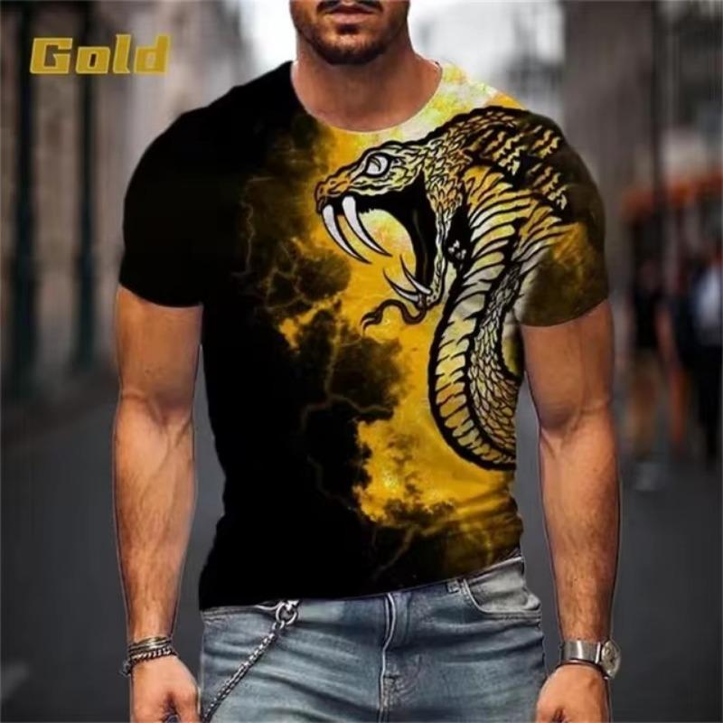 Koszulka z nadrukiem 3D Snake Graphic Tshirt męska letnia koszulka z krótkim rękawem i okrągłym dekoltem, casualowa koszulka męska hip-hopowa, Streetwear