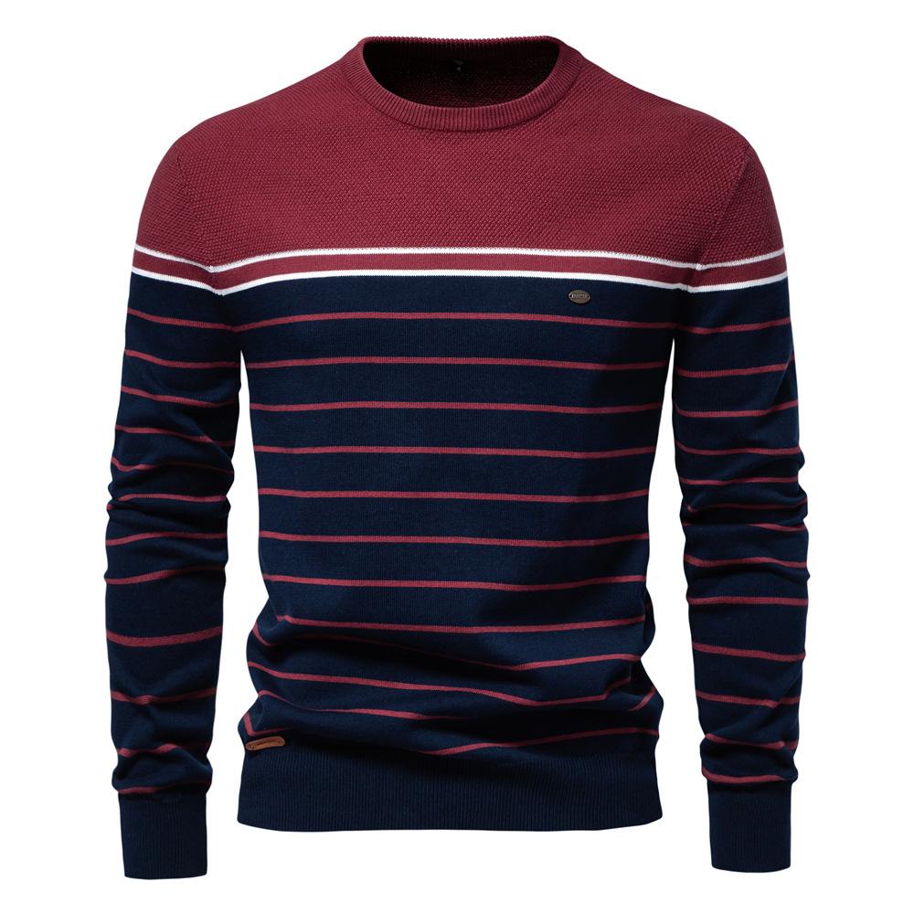 Men's Crewneck Knit Long-Sleeve Sweater Slim Fit Lightweight Casual Patchwork Color Knitted Pullover Fall Winter Warm Striped Sweater for Men