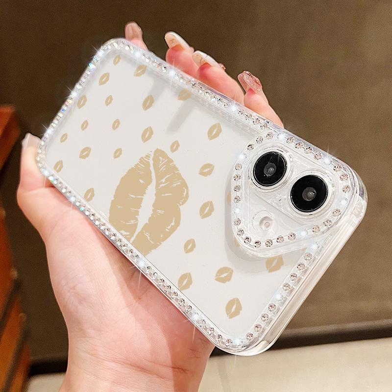 Red Lips Print Phone Clear Anti-Fall Case Shell For iPhone 16 Pro Max 16E 15 14 Pro 13 12 11 Diamond Frame Soft Silicone Shockproof Phone Cover