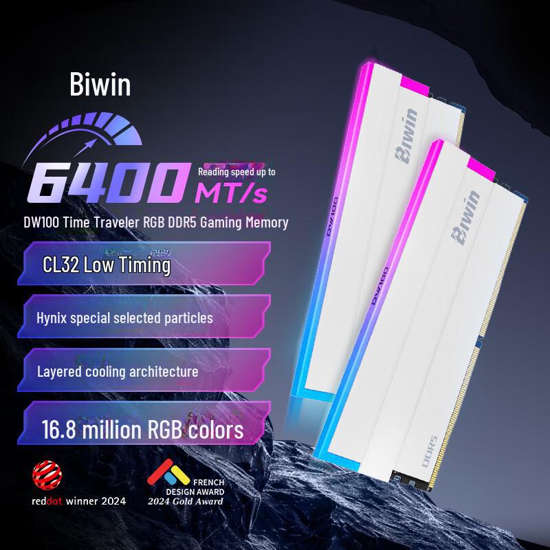 

BIWIN DW100 DDR5 Desktop Memory 32GB (16 ГБ × 2) 6000/6400MHz with Light Bar