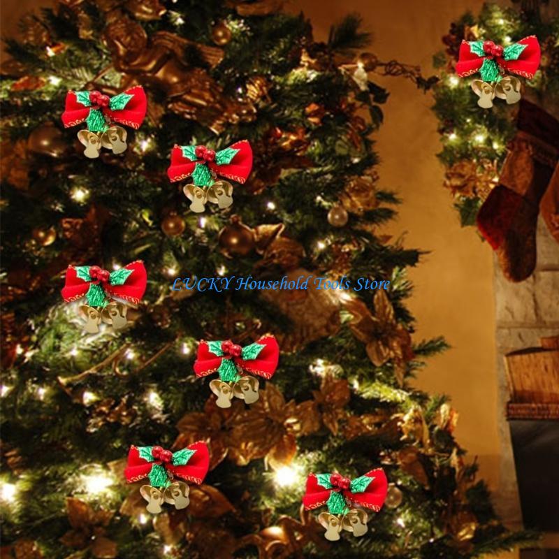 J0MC 12Pcs Small Christmas Tree Bows Christmas Bows with Bells Christmas Wreaths Bows