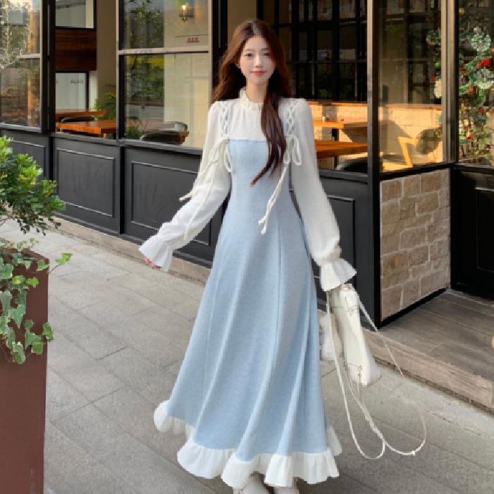 

Элегантное платье из двух частей с отделкой из дерева и длинными рукавами во французском стиле для женщин - весенний дизайн длинного платья с завышенной талией S