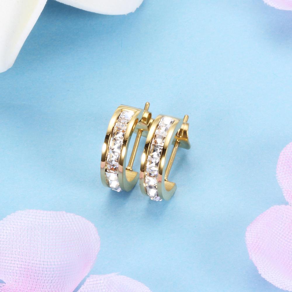 Fashionable European 14MM C-Shaped Zircon Stud Earrings, 2MM Stainless Steel, Versatile and Stylish for Women