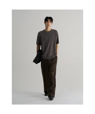 Linen Blend Short Sleeve Round Knit Gray