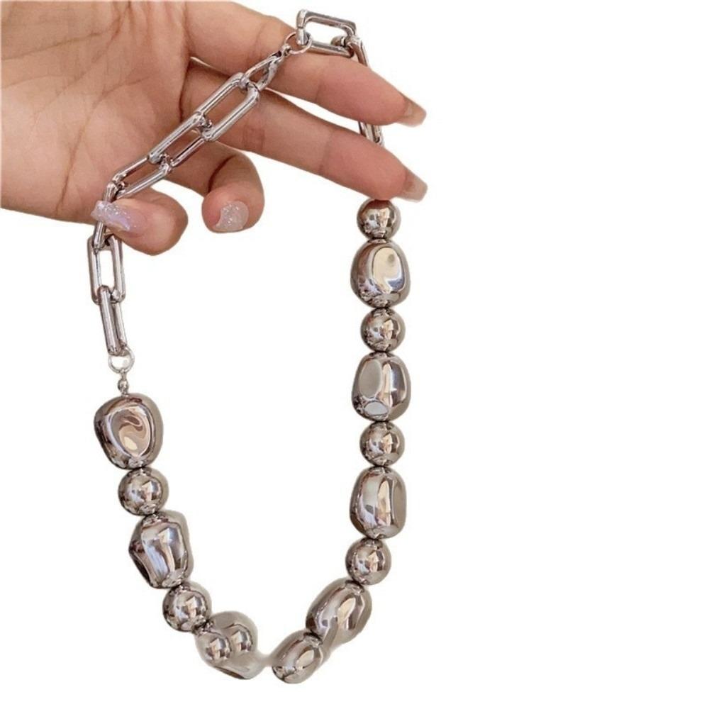 

Irregular Metallic Strand Beaded Silver Plated Metal Alloy Snake Chain ABS Beads Hollow Link Chokers Women