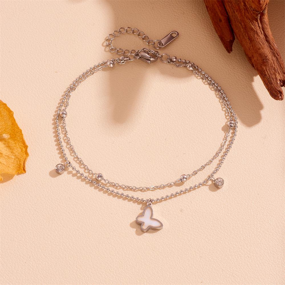 Elegant Stainless Steel Double Layer Butterfly Anklet with Rhinestones