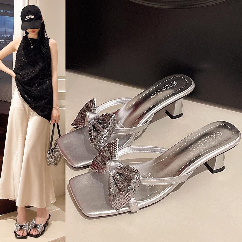Versatile fashion square head high-heeled outer slippers women's summer 2025 new thick-heeled bow open-toed cool slippers